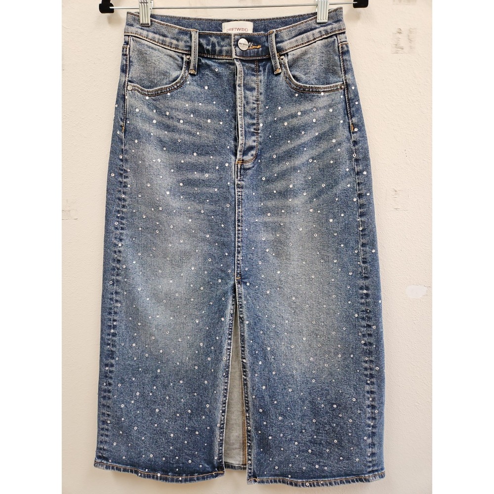 Driftwood  Embellished Bling Midi Jean Skirt Front Slit Blue Women Small